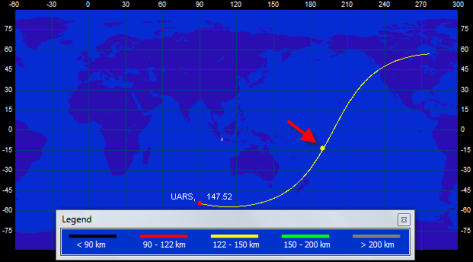 Lokasi atmospheric reentry satelit UARS pada 27 Sept 2011.