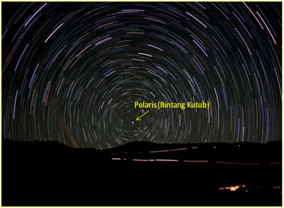 Gambar 7. Bintang Polaris (Bintang Kutub) sejak lama digunakan untuk pelaut-pelaut di belahan bumi utara sebagai panduan arah karena lokasinya yang cukup dekat dengan arah utara bumi yang sebenarnya. Bintang-bintang di sekitarnya terlihat mengitari Polaris. Sumber: http://www.darkerview.com/